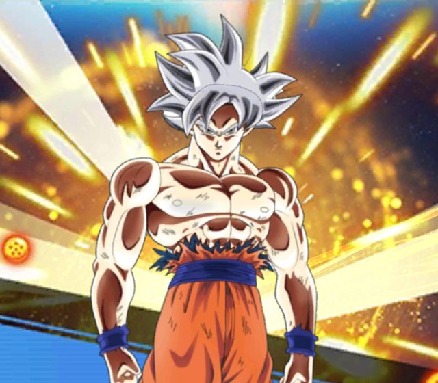 Ultra Instinct Goku with silver hair, ready to strike