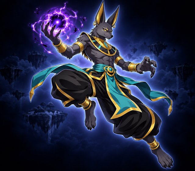 Anubar, a jackal-headed god in black and gold, holding a crackling violet sphere