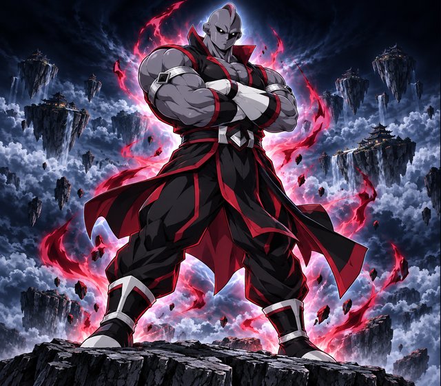 Graven, a massive grey-skinned warrior with arms crossed in a crimson aura above floating islands