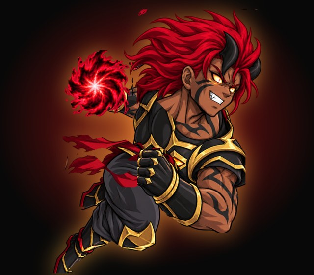 Vorr, a red-haired horned warrior in black and gold armour, holding a crimson energy orb