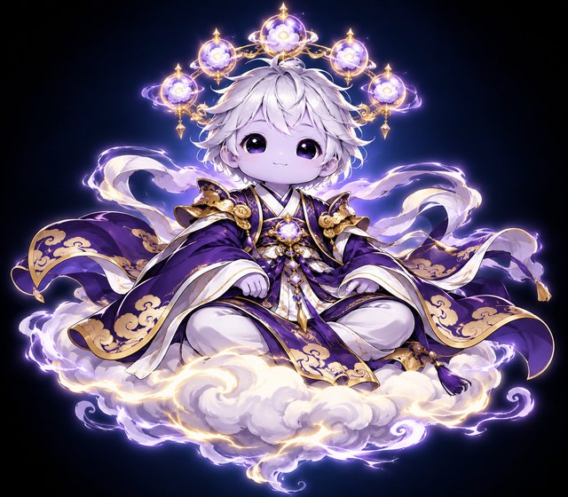 Zenith, a small child ruler in a violet and gold robe, sitting on a storm cloud under a crown of glowing orbs