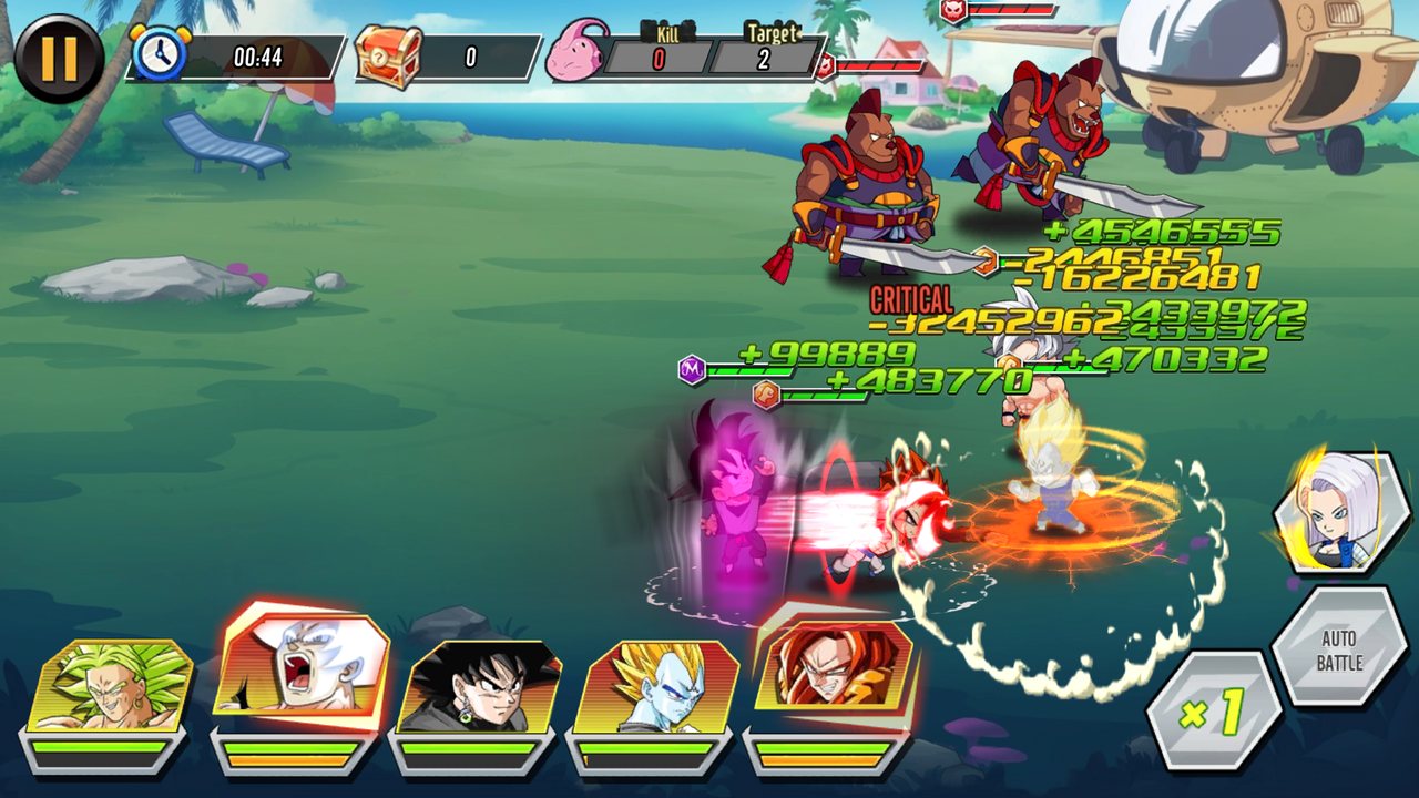 Super Saiyan 4 Gogeta's crimson blast against the enemy line